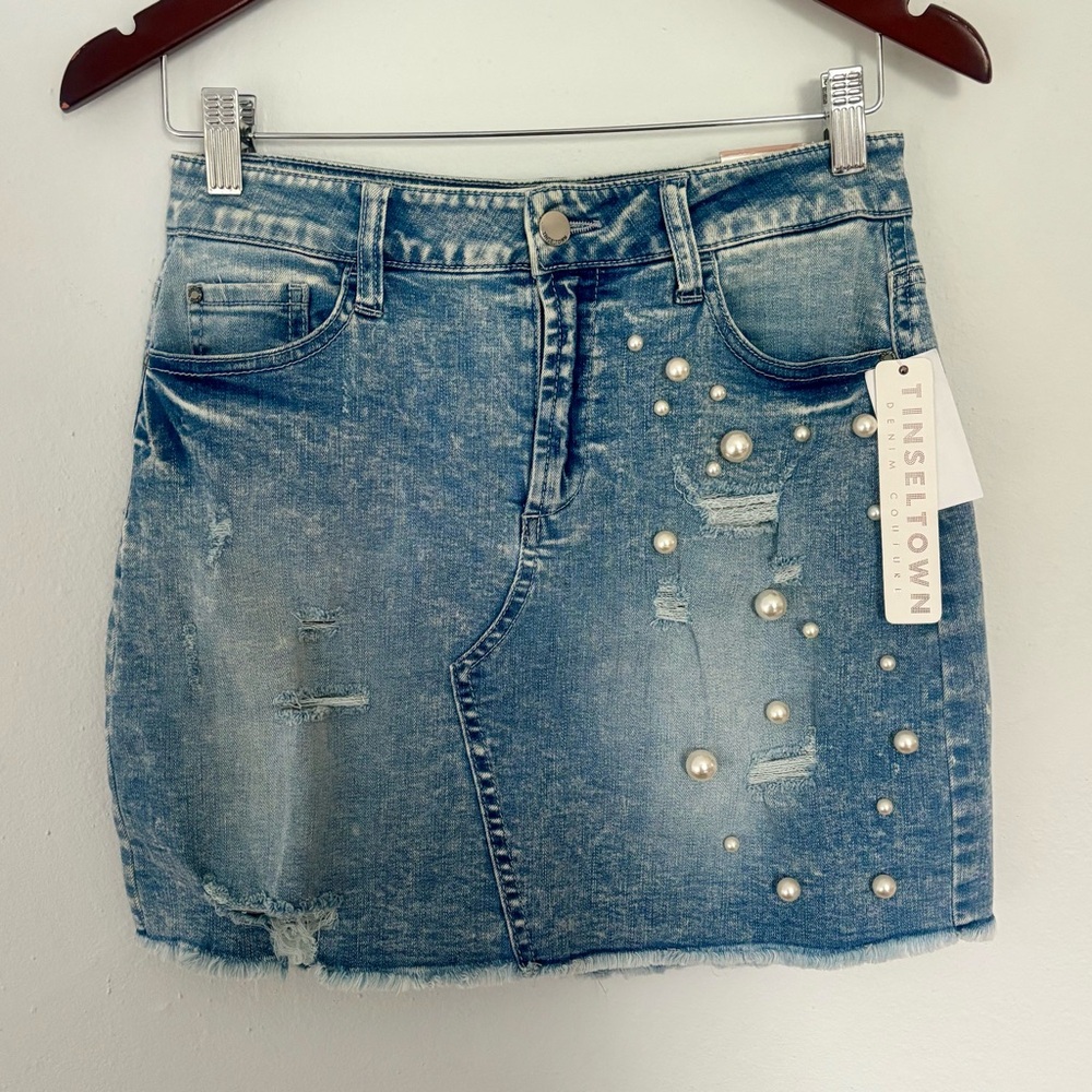 NWT Denim Pearl Mini Skirt Light Wash